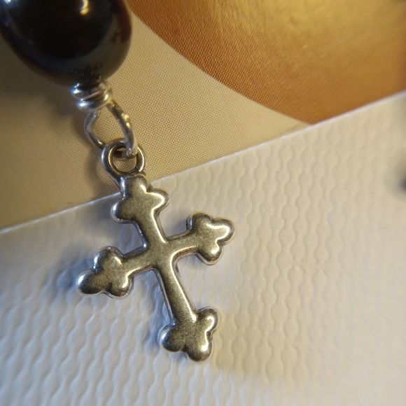 Sterling Silver Black Onyx Dangle Earrings with a Cross charm - Picture 5 of 6